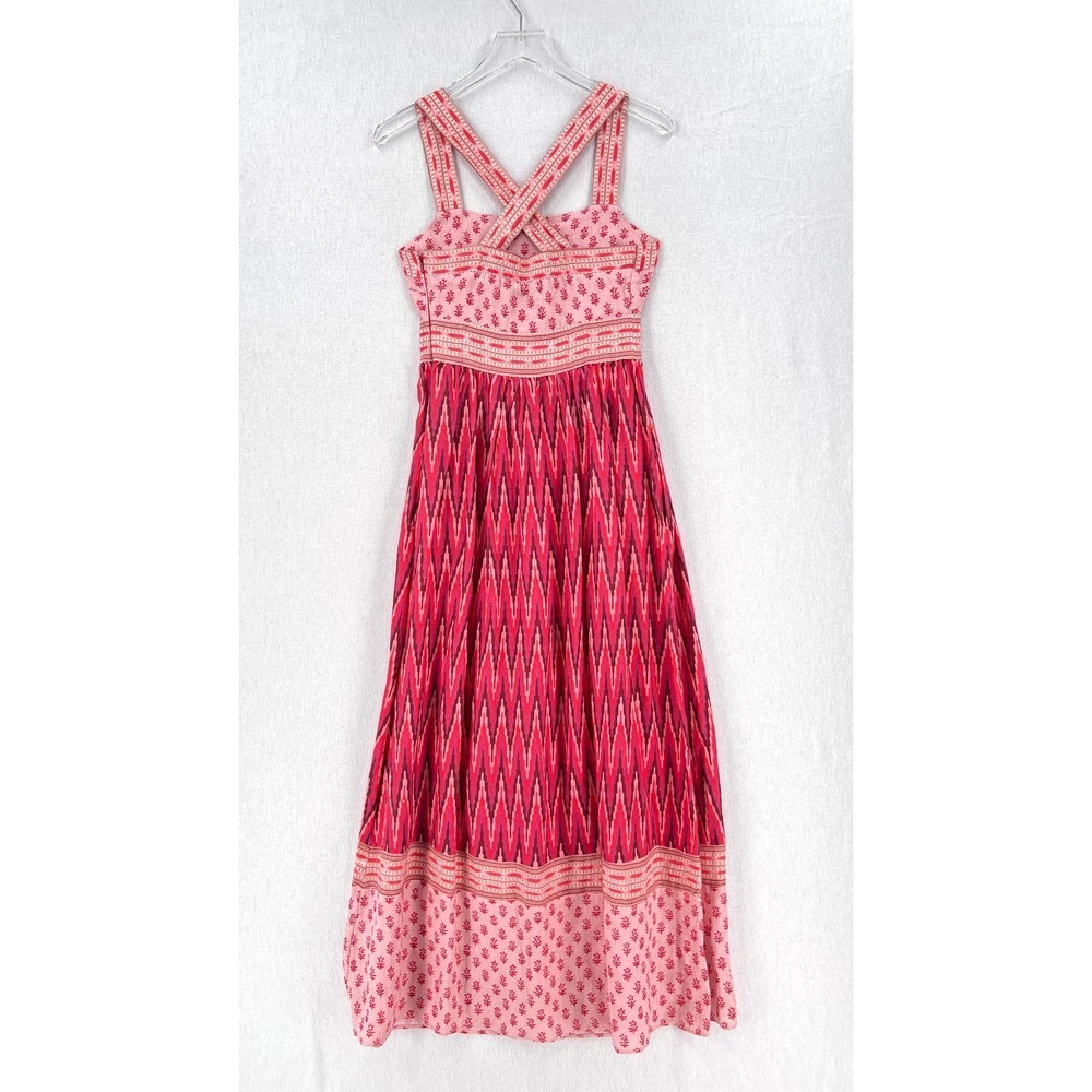 FAHERTY Gracie Linen Maxi Dress Women XS Pink Ikat Print Cotton Sleeveless Boho - Picture 5 of 16
